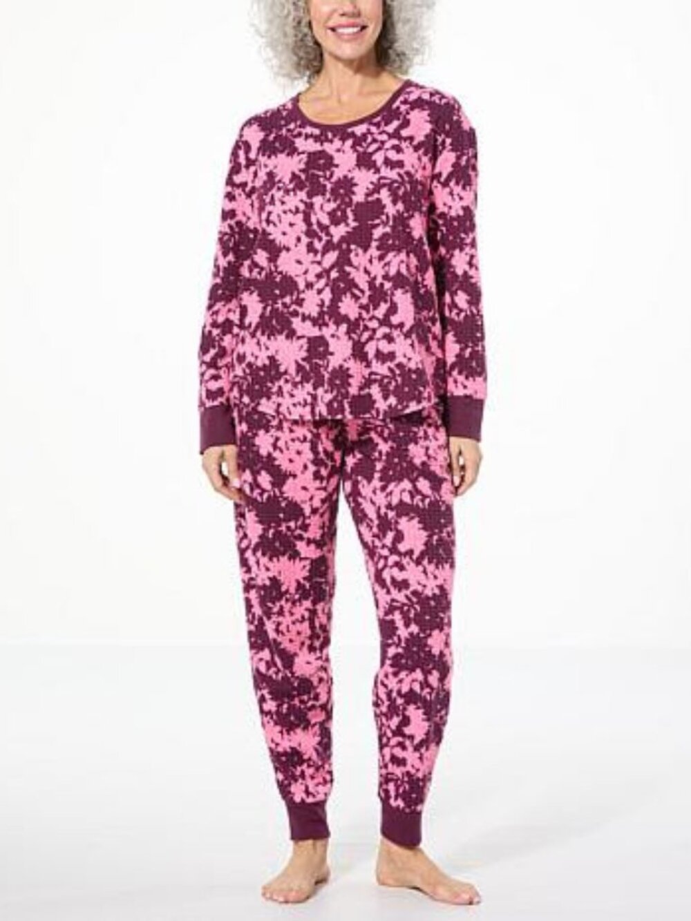 SUPER Soft Comfort Code Pink & Plum Floral Waffle Knit Jogger Pajama Set - M